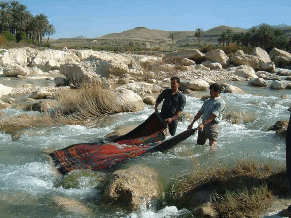 Washing rugs in the river