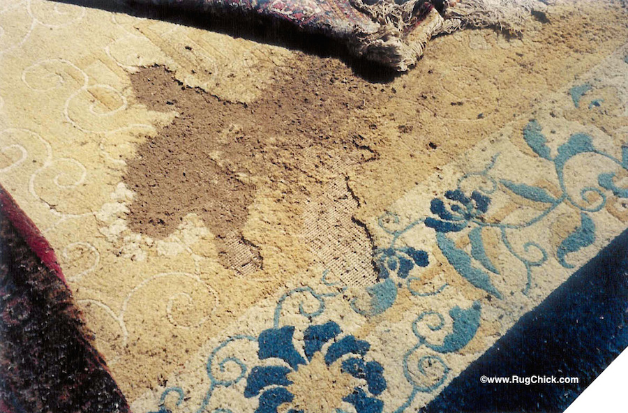 Burning embers damage the face of this wool tufted rug. 