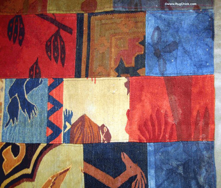 Patchwork rug, with pieces over-dyed in ink that comes off with spills and with cleaning.